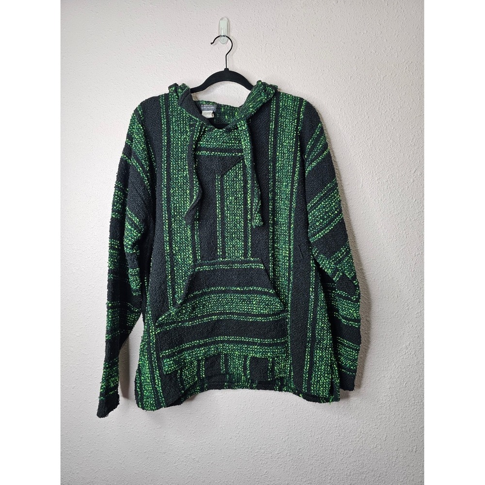 Earthbound Trading Co Mens XL Green Black Striped Baja Hoodie Drug Rug Mexican